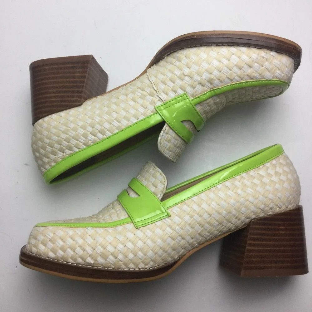 Urban Outfitters Lexi Woven Checkerboard Faux Patent Square Toe Heeled Loafers - Picture 3 of 12